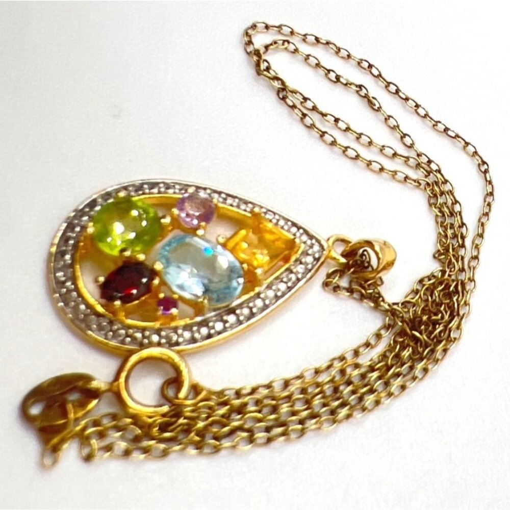 Vermeil Teardrop 18" Necklace Multi Gemstones & CZs Signed DBJ 925 Dee Berkley